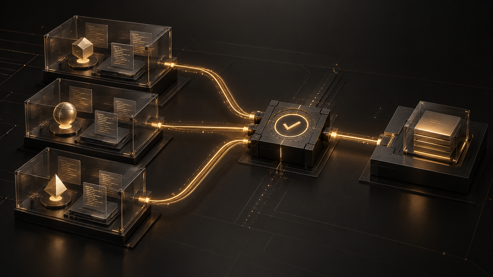 Three illustrated agent workspaces connect to a shared verification block and a stack of output artifacts.